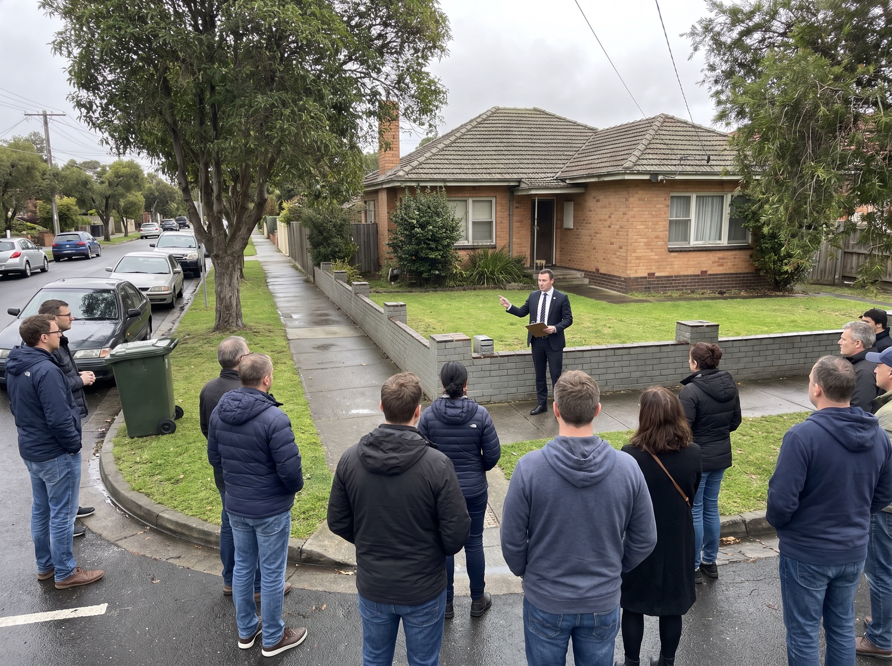 A small crowd of buyers standing on the footpath at a suburban auction, watching the agent address them from the front lawn