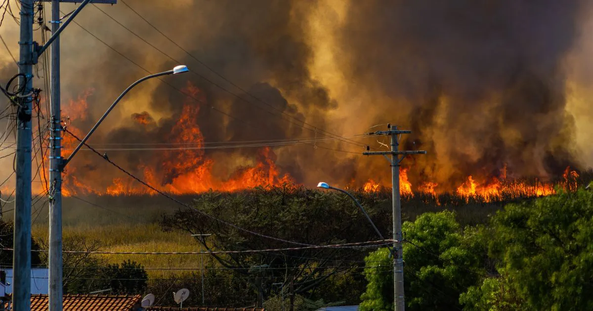 A wildfire burning through vegetation close to houses, showing bushfire exposure at the urban fringe