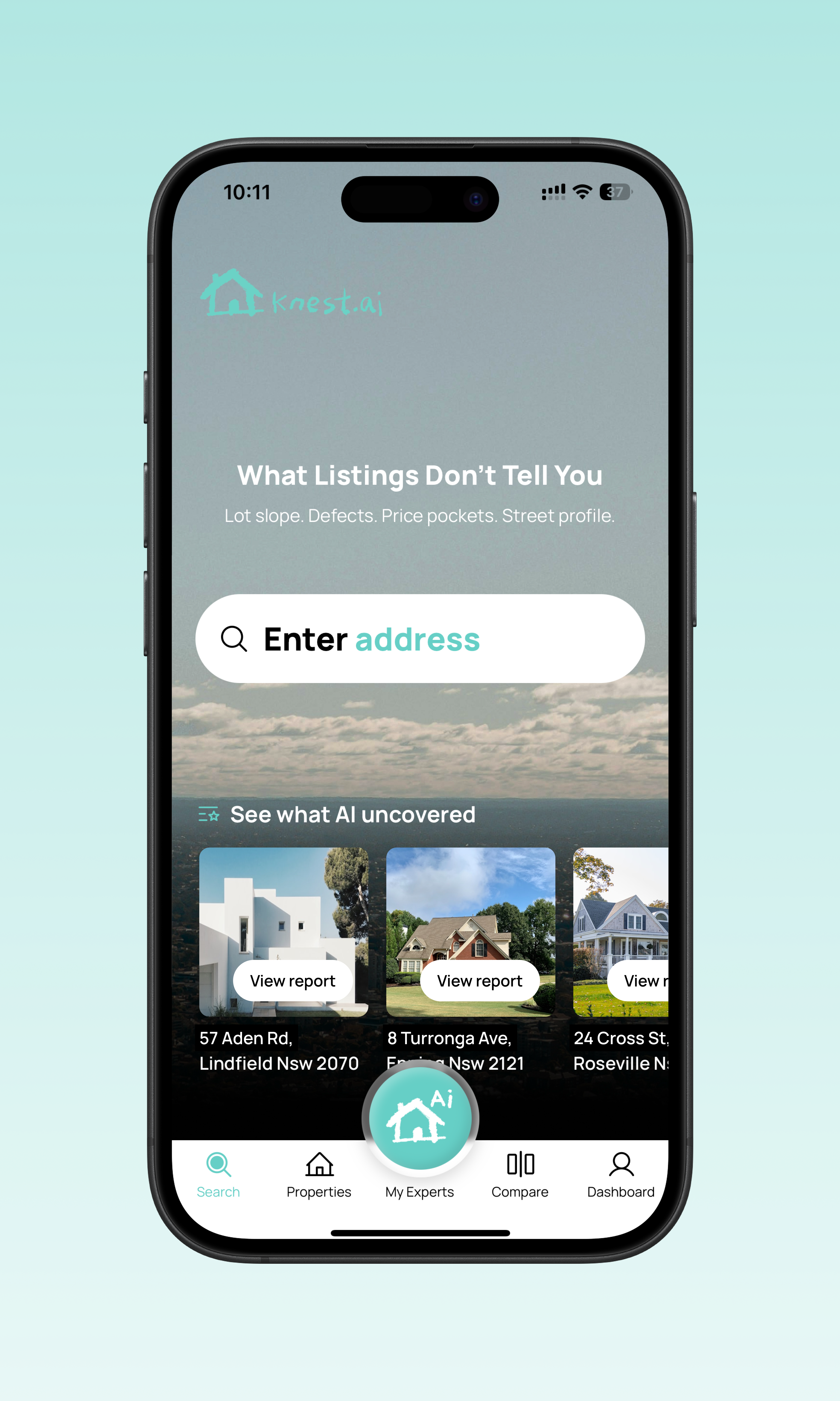 Sydney property report search app screen showing property discovery, popular properties and home buyer property decision tools
