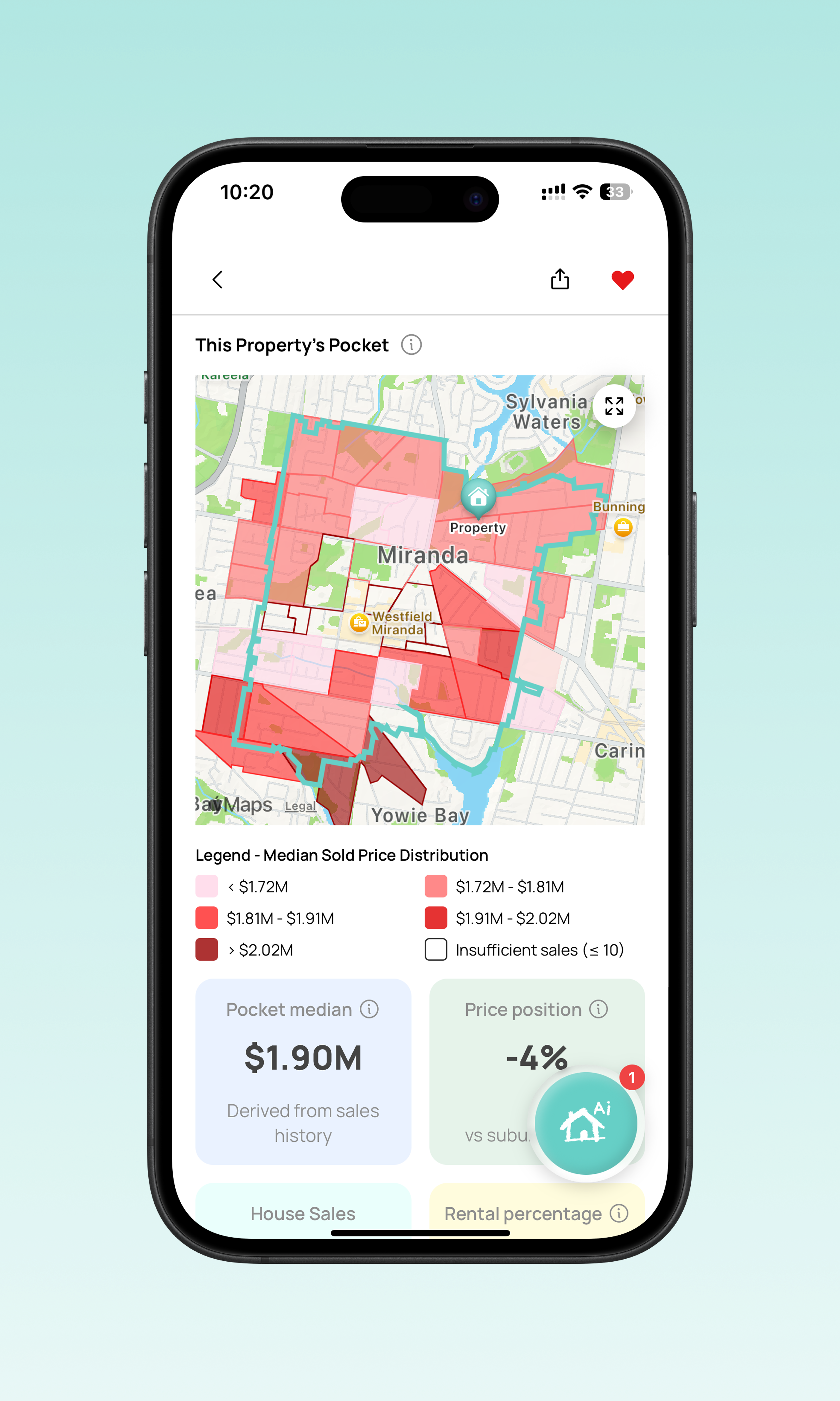 Sydney property report screen showing pocket price distribution, suburb pricing insights and property risk analysis for home buyers