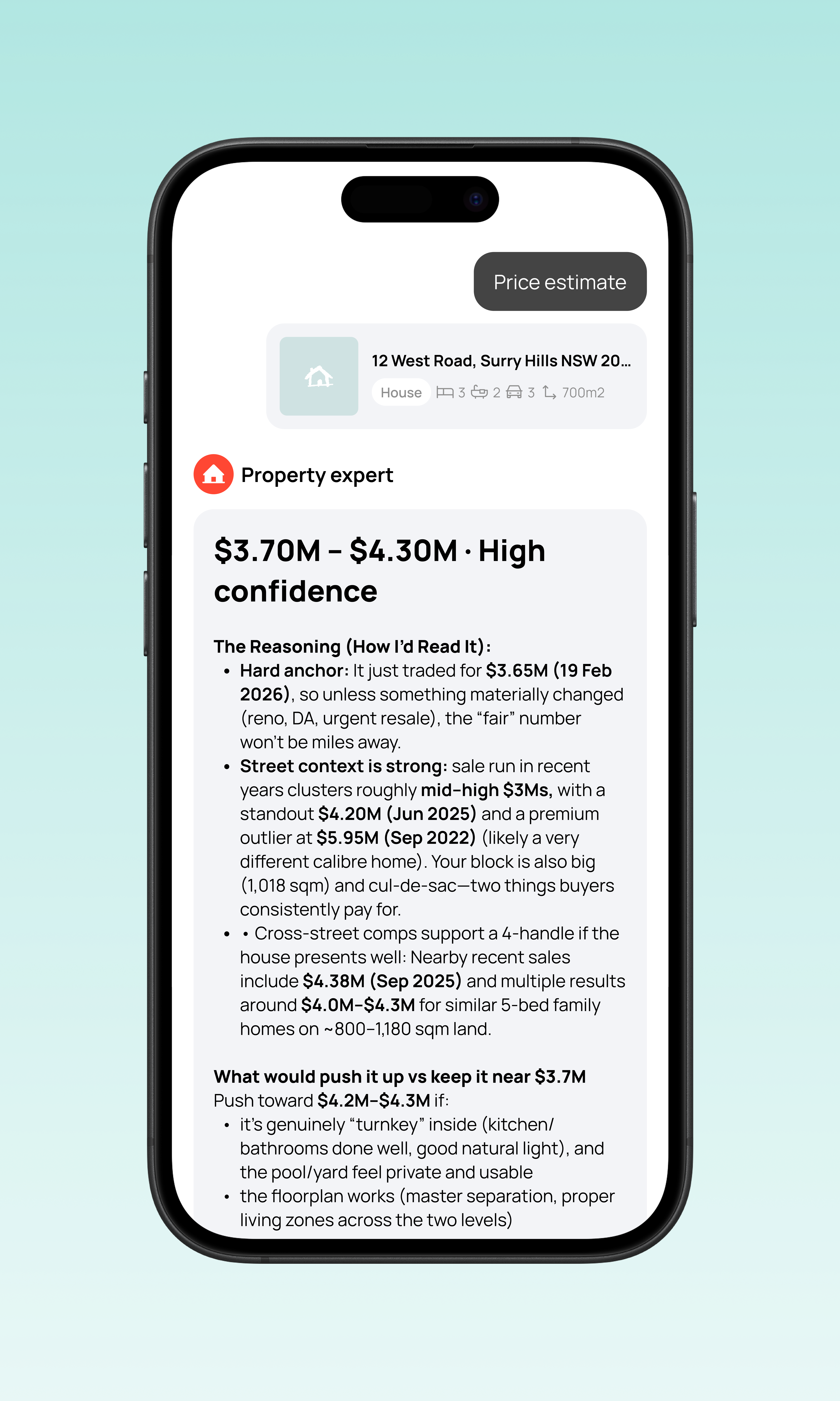 AI property assistant screen answering Sydney home buyer questions with pricing guidance and property insights