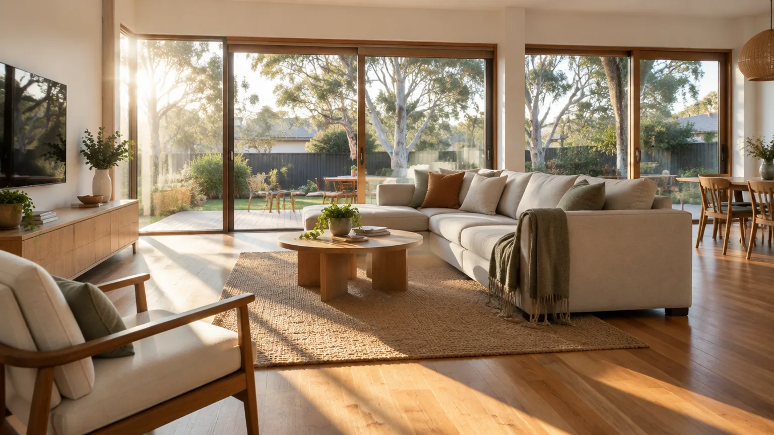 Morning sun through the north-facing windows of a living room in an Australian home