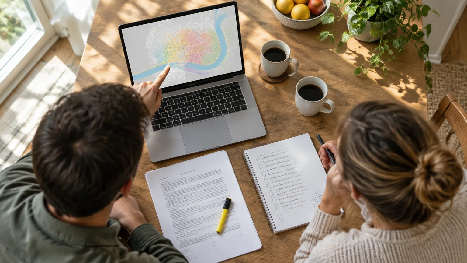 A couple researching a property at a kitchen table with a laptop map, contract and checklist